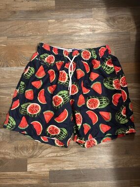 Men's Navy Swim Trunks with Red Watermelon Print